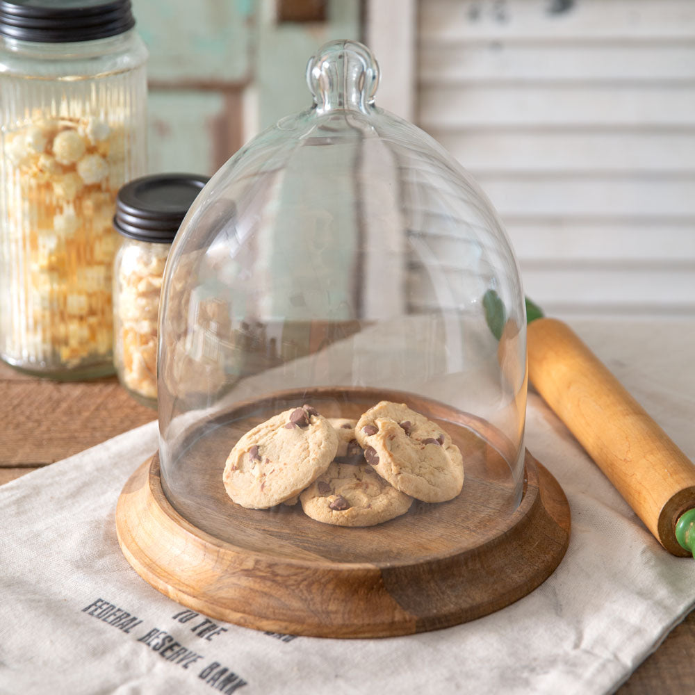 Small Glass Bell Shaped Cloche with Wood Base