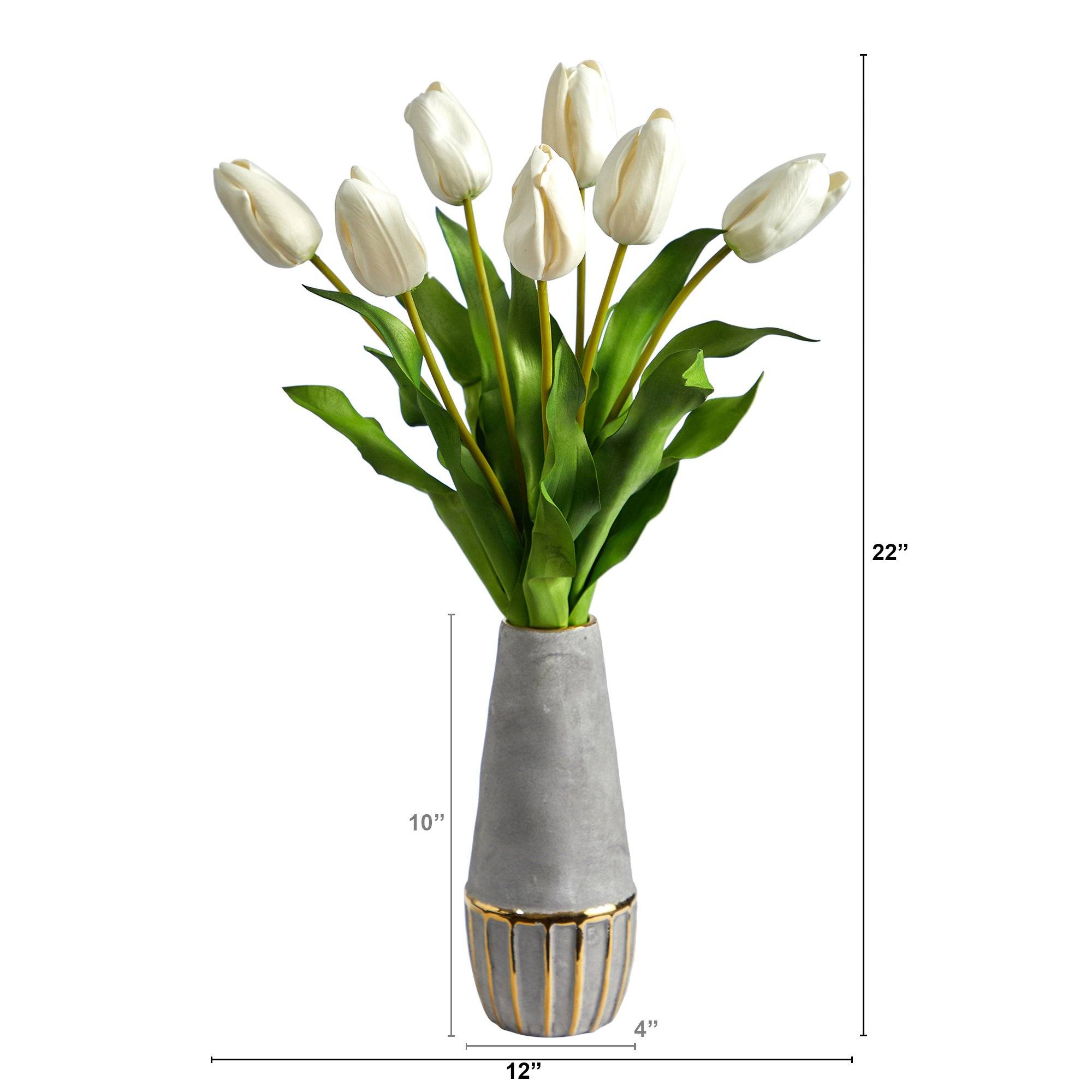 22” Dutch Tulip Artificial Arrangement in Stoneware Vase with Gold Trimming