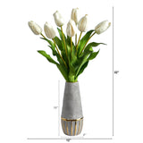 22” Dutch Tulip Artificial Arrangement in Stoneware Vase with Gold Trimming