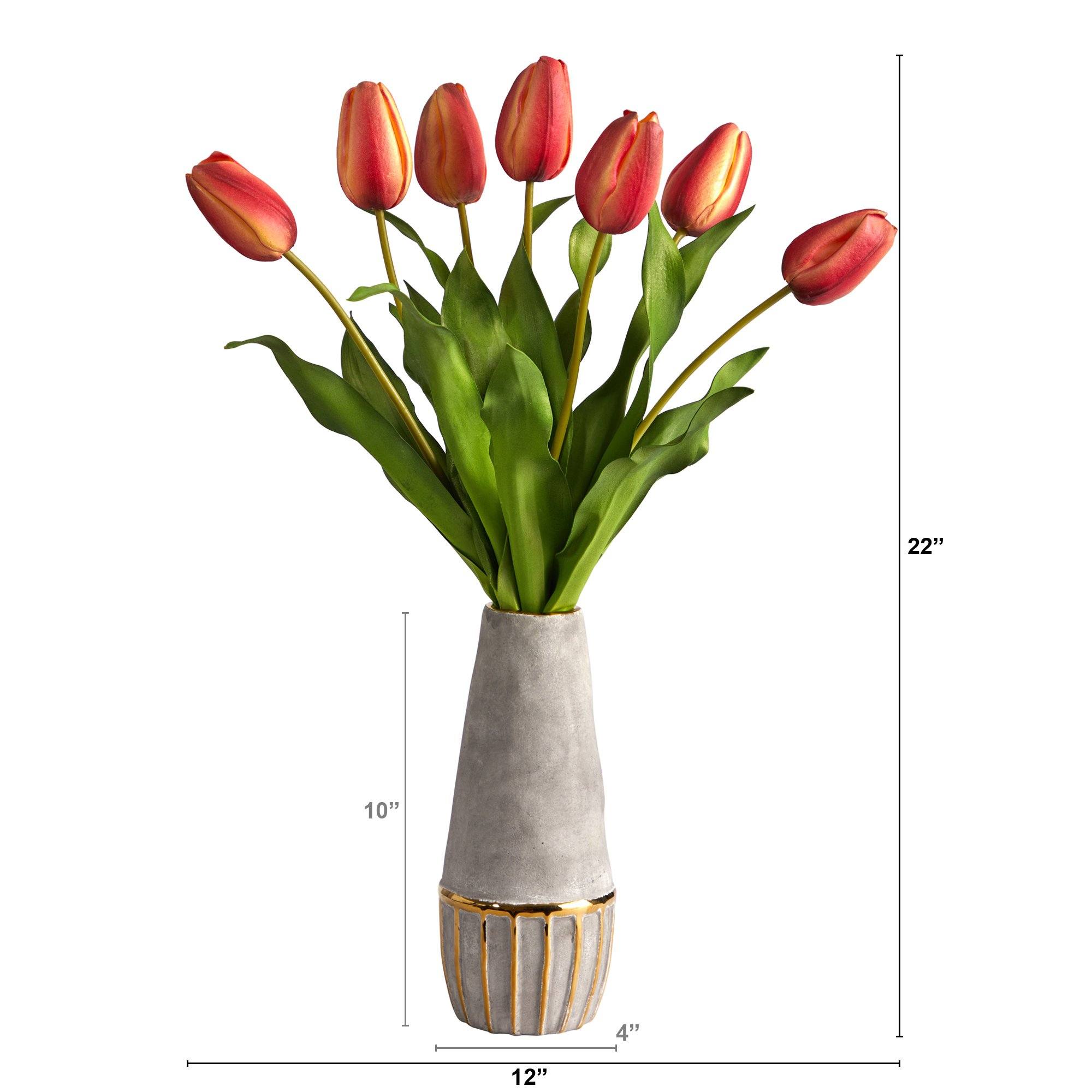 22” Dutch Tulip Artificial Arrangement in Stoneware Vase with Gold Trimming