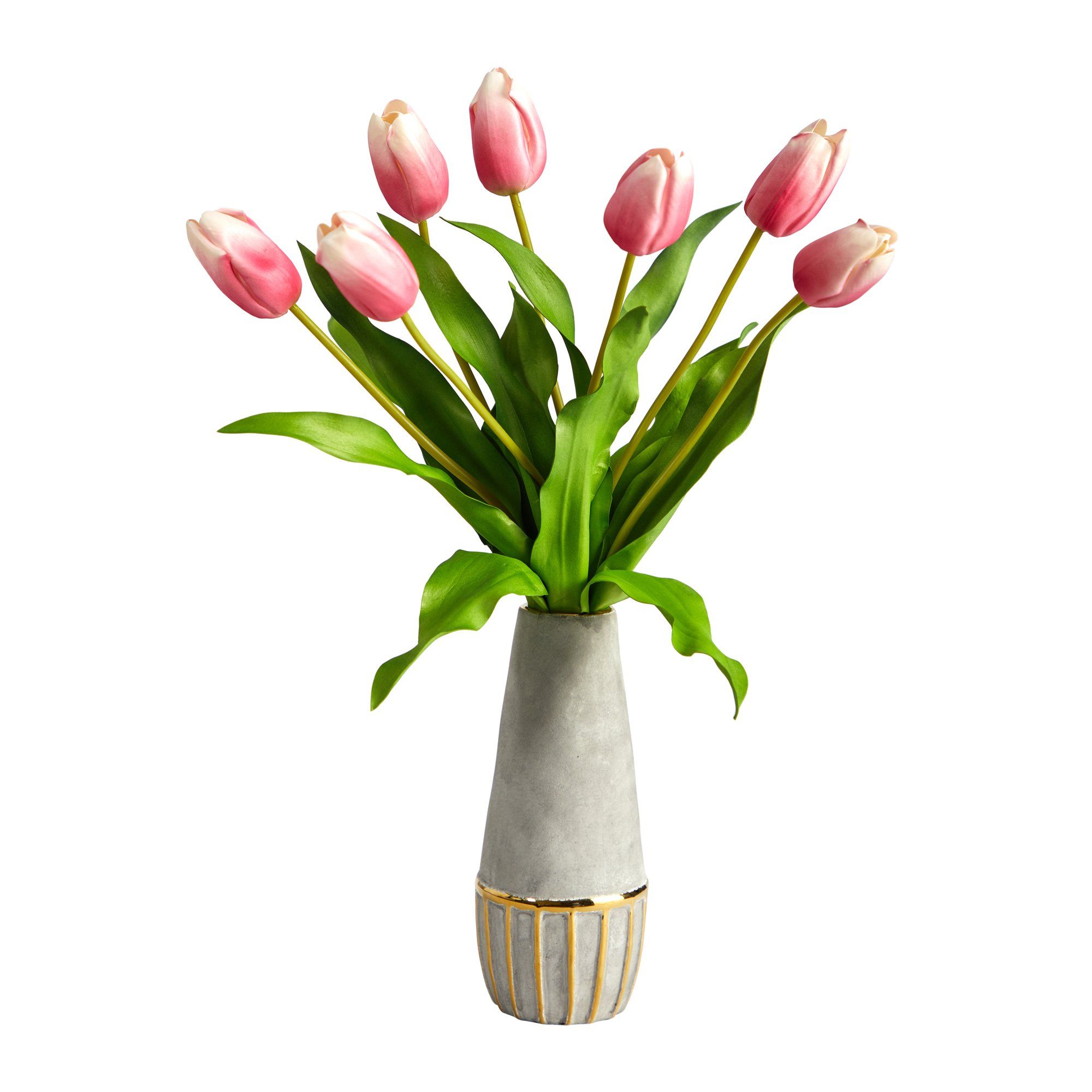 22” Dutch Tulip Artificial Arrangement in Stoneware Vase with Gold Trimming