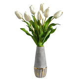 22” Dutch Tulip Artificial Arrangement in Stoneware Vase with Gold Trimming