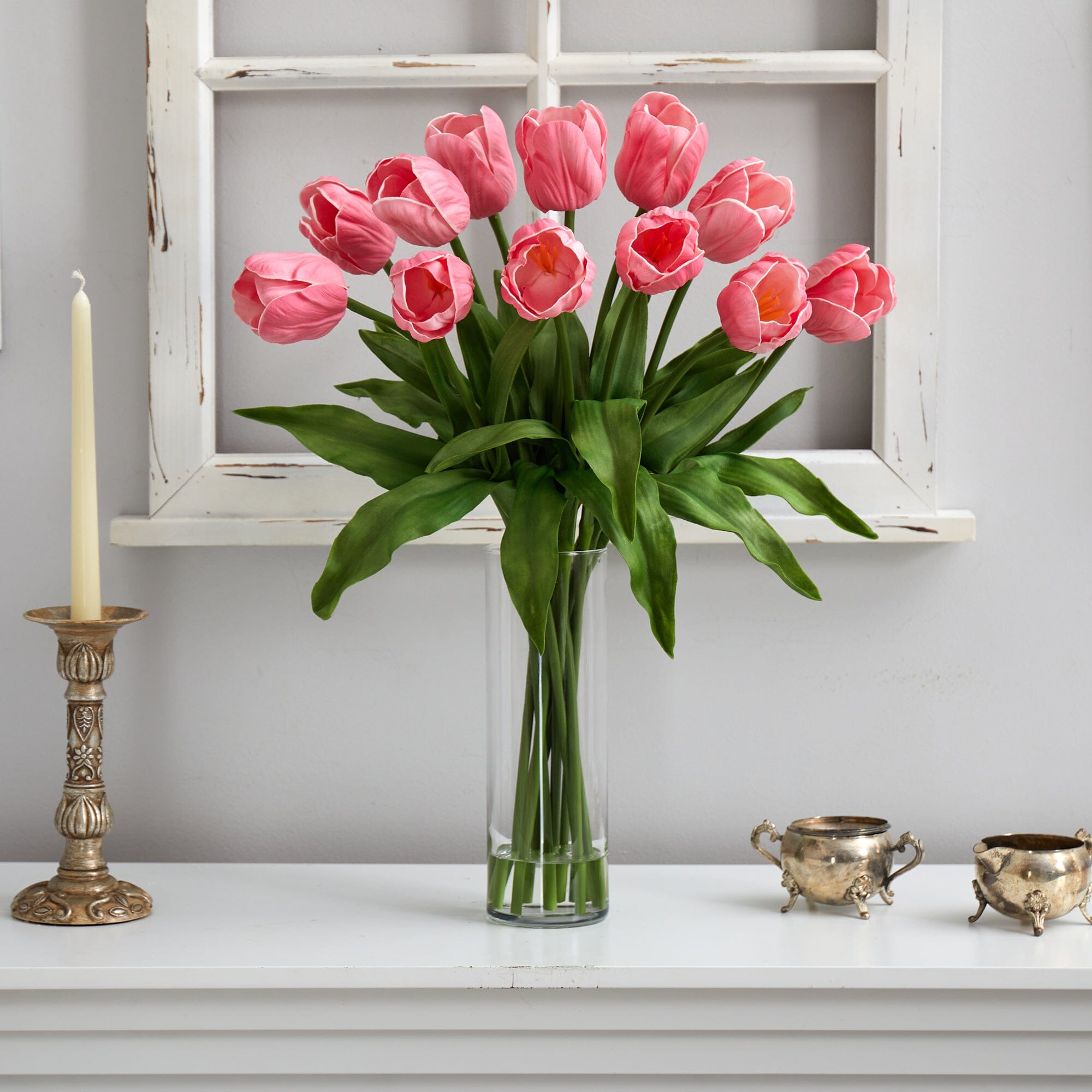 23” Artificial Tulip  Arrangement with Cylinder Glass Vase